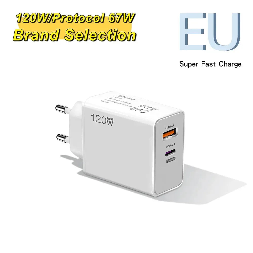 120W Type C USB Phone Charger Fast Charging Data Cable Mobile Phone Power Adapter For iPhone Xiaomi Huawei Samsung Wall Charger