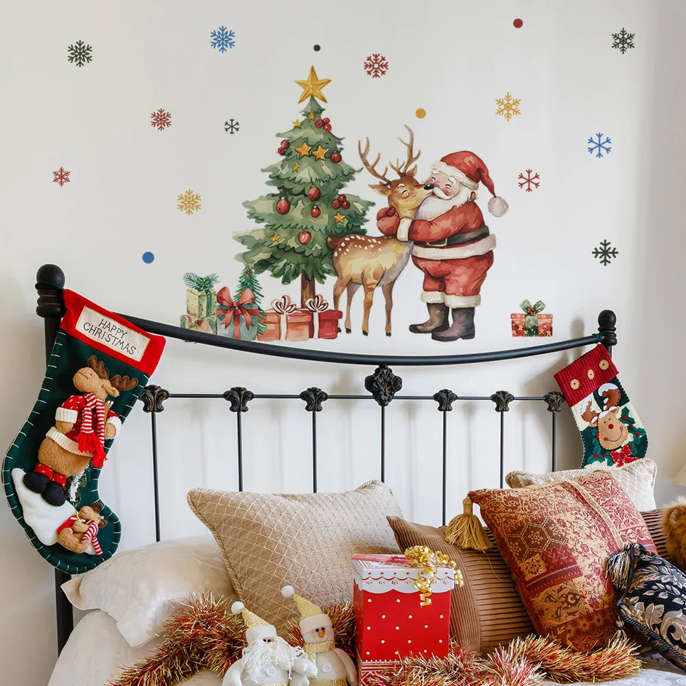 Cartoon Santa Claus Elk Wall Stickers Christmas Gifts Living Room Background Home Decoration Festival Mural New Year Wallpaper
