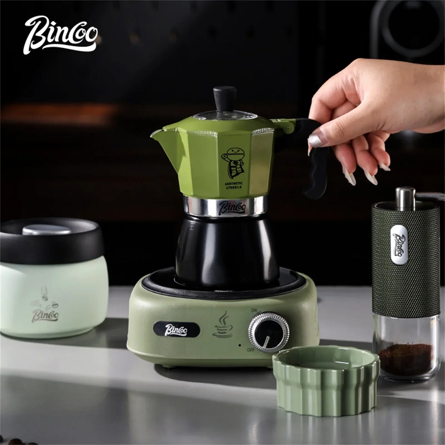 Bincoo Double valve Moka Pot Set Electric Stove Coffee Pot Household Italian Espresso Machine Mocha Pot Barista Accessories 220V