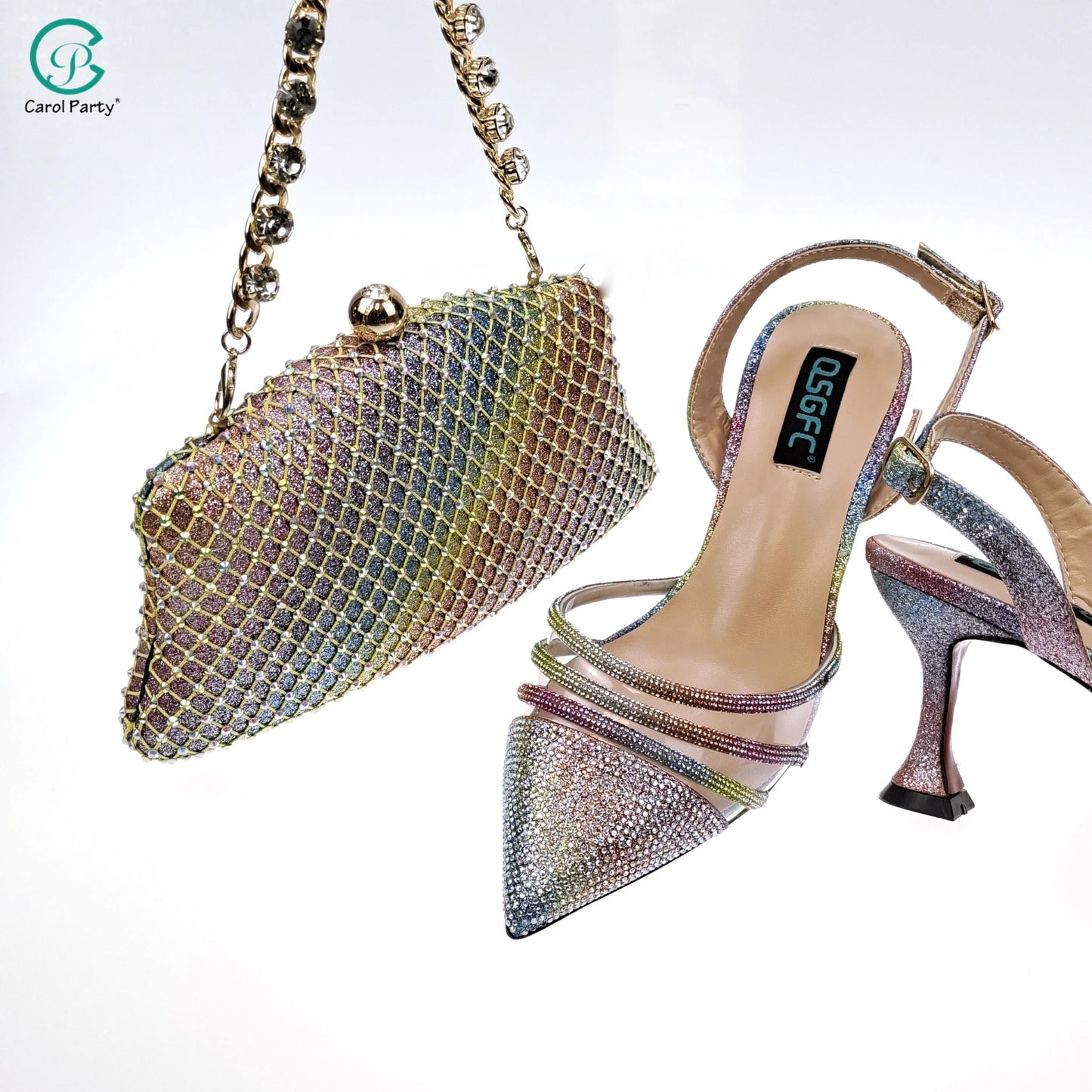 QSGFC African Women's Fashion Crystal Square Button Pointed High Heels Water Diamond Shiny Wine Color Sandal Bag Set