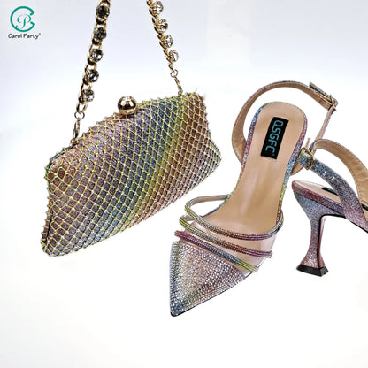 QSGFC African Women's Fashion Crystal Square Button Pointed High Heels Water Diamond Shiny Wine Color Sandal Bag Set