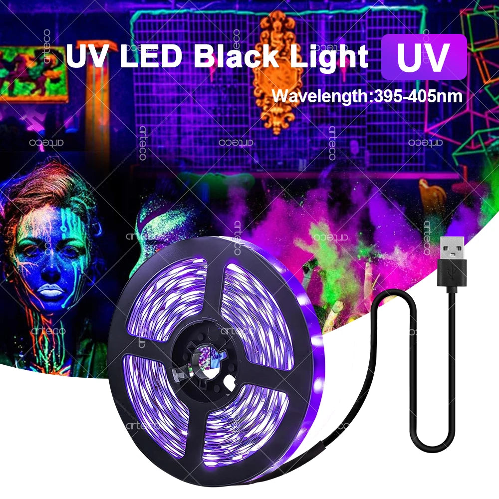 UV LED Black Light Strip USB LED Strip Tape 395-405nm Ultraviolet Light For Glow Party Bedroom UV Lamp Fluorescent Poster Body