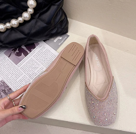 Shoes for Woman 2025 Diamond Flats Women's Summer Footwear Flat Square Toe Pink with Crystals Rhinestone Office 39 Beau Today E