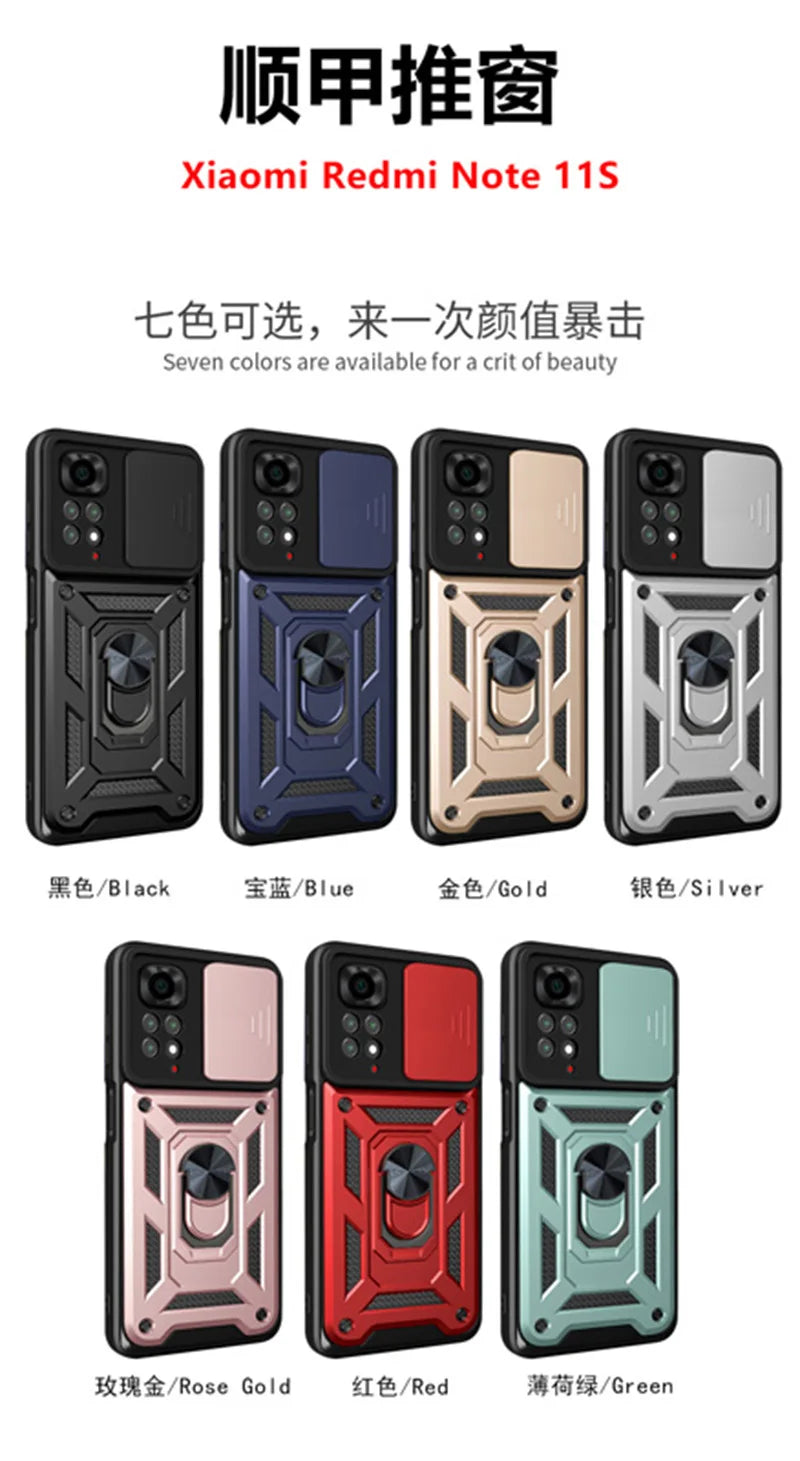 Slide Camera Lens Protector Armor Case For Redmi Note 13 12 11 10 Pro Plus 10s 11s 12s 13C 12C Military Grade Bumpers Ring Cover