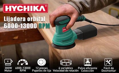 HYCHIKA 300W Random Orbital Sander with 12 Pieces Sandpaper 6 Speeds 230V Sanding Machine for Wood Metal Polishing Tools