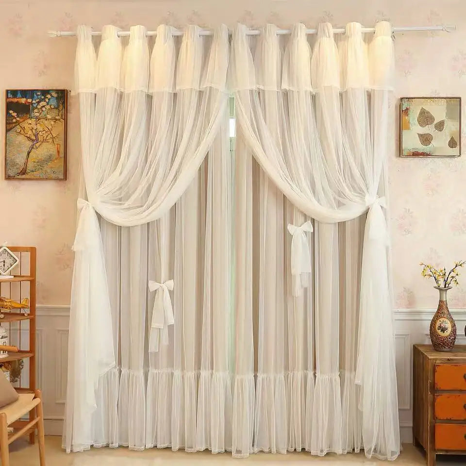 New Korean Style Pink Princess Style Double-layer Curtain for Girls' Bedroom Blackout Curtain for Living Room