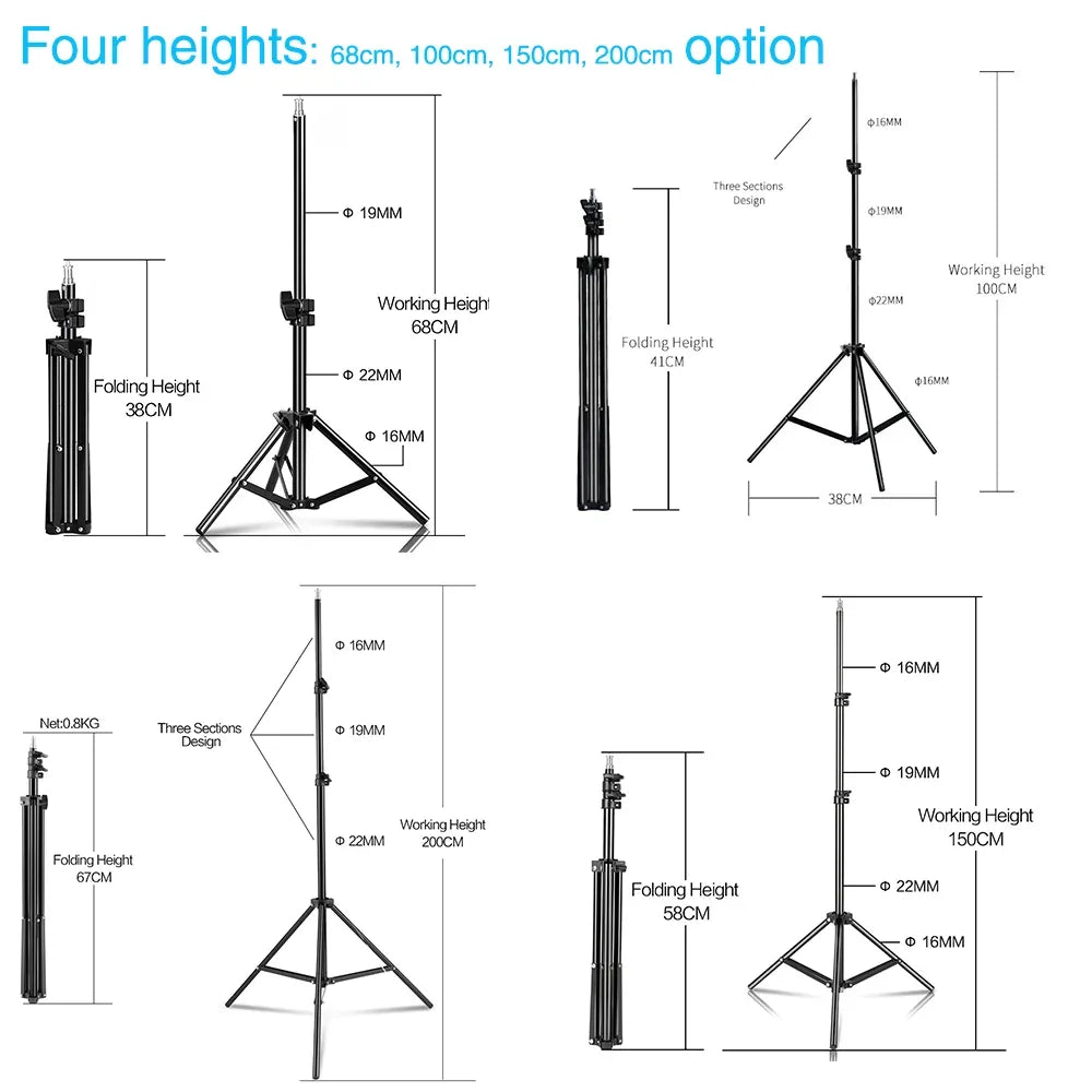 1/4 Screw Head Light Stand Tripod 2m 1.5m 68cm For Phone Selfie Stick Adjustable For Photo Studio Flashes Photographic Softbox