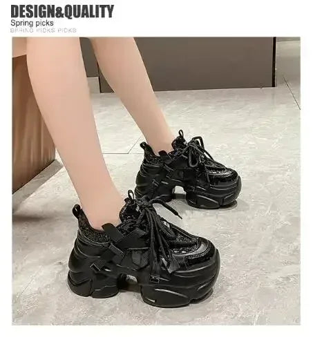 8CM Women Bling Red Chunky Sneakers Winter High Platform Warm Fur Shoes Ladies Wedges Casual Dad Shoes Leather Sports Sneakers
