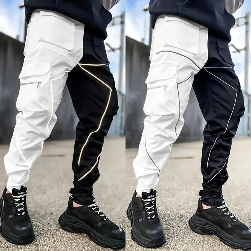 Men Casual Black Cargo Pants Oversize Striped Pocket Sweatpants Gym Sports Fitness Hip Hop Jogger Baggy Trousers Pantalon Hommes