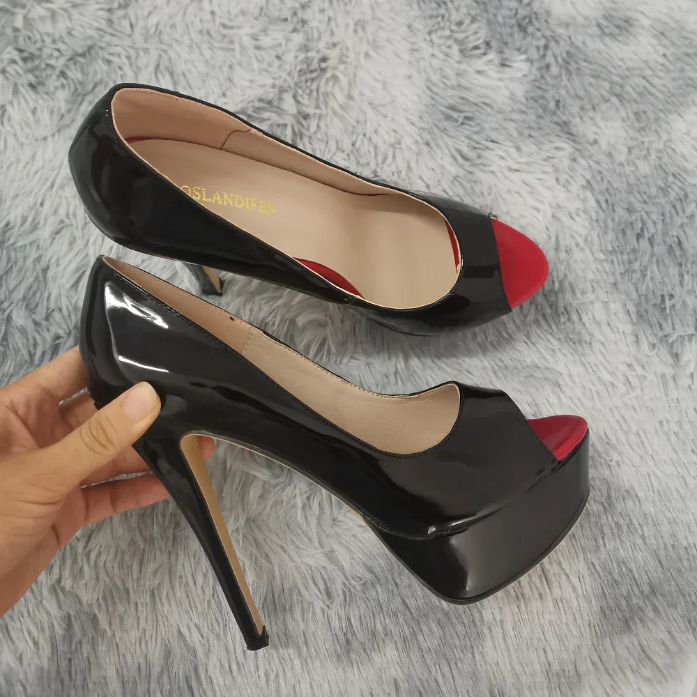 LOSLANDIFEN Sexy Peep Toe Platform Women Pumps 14cm Super High Patent Leather Heels Shoes Red Wedding Stilettos Large Size 43 44