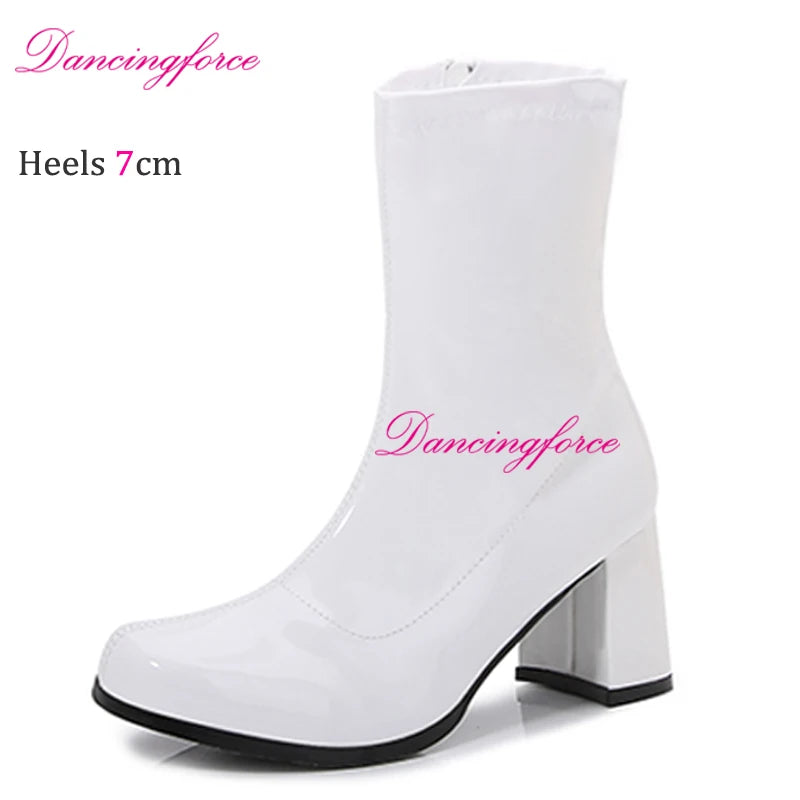 Sexy Gogo Boots 60s 70s Square Heel Ankle Classic Round Toe Boots Shiny Golden Zip Boots Unisex Party Dress Dance Shoes Woman