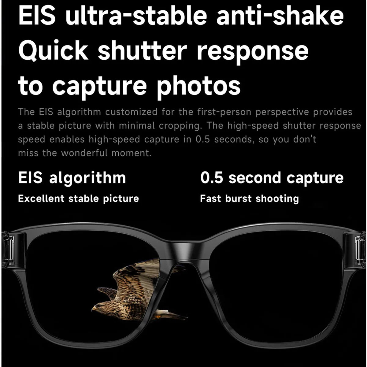Lunettes vidéo intelligentes pour myopie, stabilisées, enregistrement vidéo, transmission Wi-Fi et Bluetooth, reconnaissance d'objets.