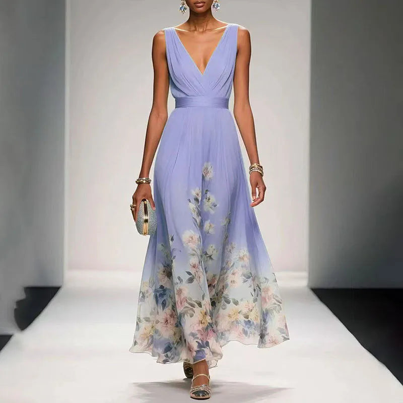 New Fashion Party Dresses Deep V Neck Floral Printing Ruffle Sleeveless A Line Beach Dress High Waisted Summer Sexy Womens Dress