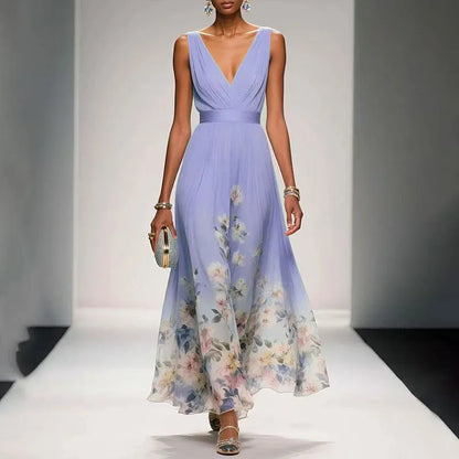 New Fashion Party Dresses Deep V Neck Floral Printing Ruffle Sleeveless A Line Beach Dress High Waisted Summer Sexy Womens Dress