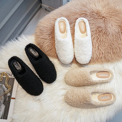 Big Size 43 Women Lambswool Slippers Winter Sheep Fur Shoes Ladies Flat Cotton Slides Home Pantuflas Daily Slip On Furry Mules