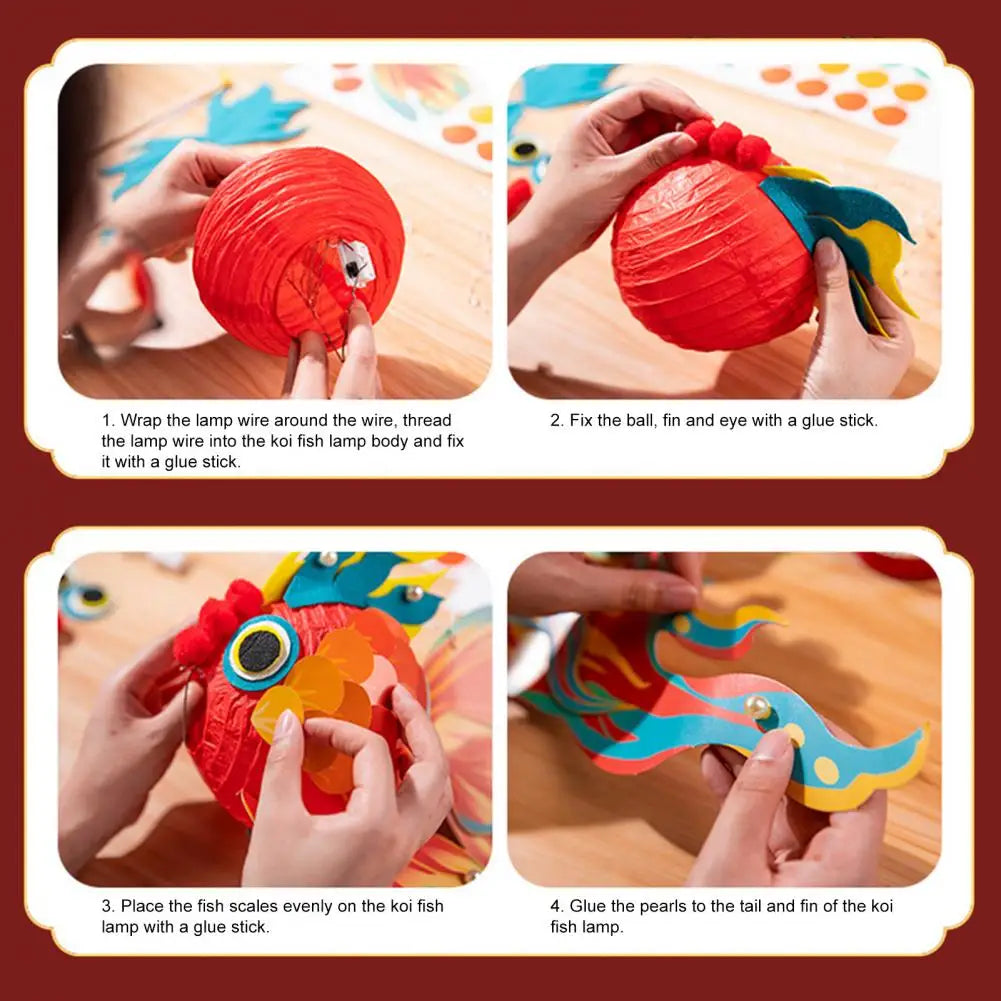 1 Set Goldfish Paper Lantern with Pole DIY Handmade Lantern Chinese New Year Mid-Autumn Festival Fish Night Light Material Bag