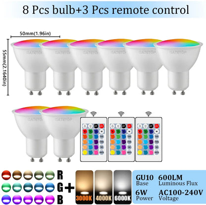 1-10PCS RGB GU10 LED Spotlight Bulb 24 Key Remote Control Dimmable 6W AC220V 110V Colorful Change for Bedroom Living Room Lamp