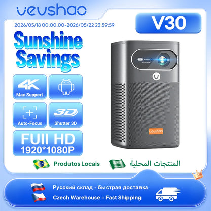 VEVSHAO V30 1080P Portable LED DLP Projector with Built-in Battery Smart Wifi Android System 3D Ready for Home  and Outdoor Use