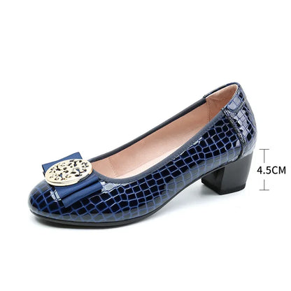 Spring and Autumn Boat Shoes Genuine Leather Soft Sole Mid-Heel Shoes Bow Heels Ladies Women Womens Round Toe Slip-on Women's 42
