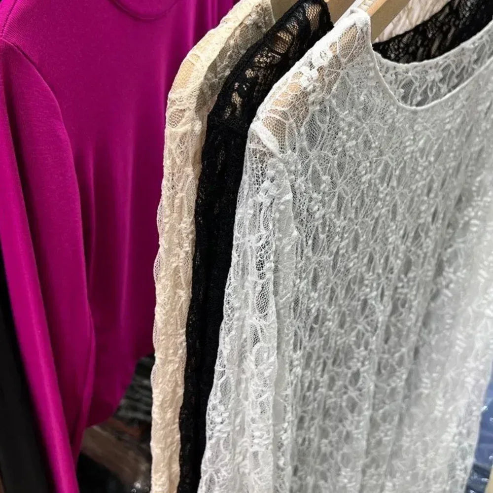 2025 Sexy and slightly transparent black lace shirt women long sleeved Spring and Autumn New slim fit inner layer with mesh
