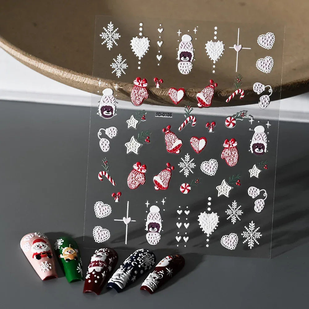 1pc Christmas Nail Art Stickers 5D Winter Holiday Themed Nail Decor Santa/Snowflakes/Christmas Trees/Gingerbread Nail Supplies *