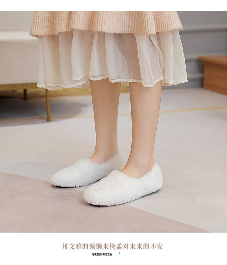 Big Size 43 Women Lambswool Slippers Winter Sheep Fur Shoes Ladies Flat Cotton Slides Home Pantuflas Daily Slip On Furry Mules