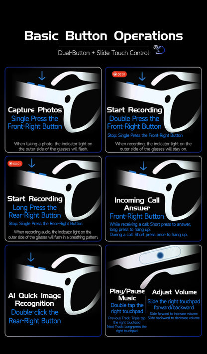 Lunettes intelligentes avec traduction IA, caméra HD 8 mégapixels, stabilisation optique de l'image, double microphone et réduction du bruit.