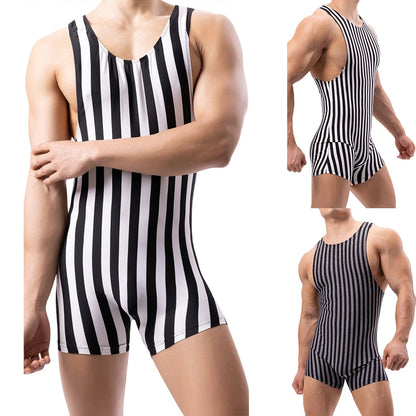 Mens Sexy Vertical Striped Sleeveless Fitness Bodysuit Thin Breathable Boxers Underwear Jumpsuits Sports Tight Pajamas Sleepwear