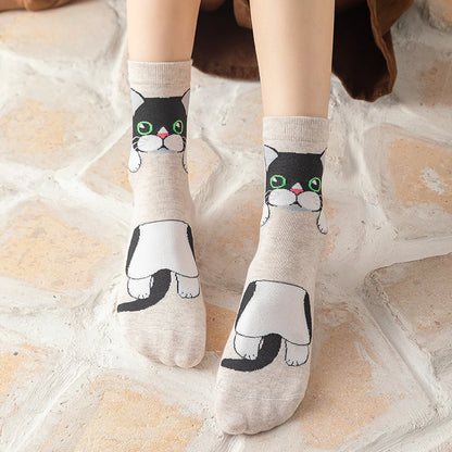 1/5 Pairs New Arrivals Women Socks Cartoon Animal Cat Spring Autumn Kawaii Comfortable School Girls Female Casual Funny Socks