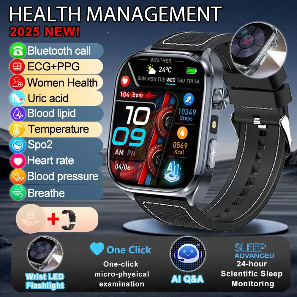 New Uric Acid Blood Lipids AI-GPT ECG Smartwatch Micro Physical Examination Body Analysis Men BT Call LED Flashlight Smartwatch
