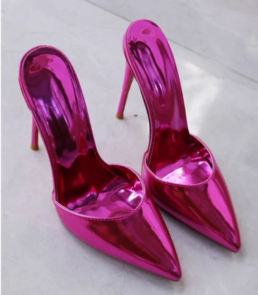 Summer black patent leather high heels with pointed toes shallow mouth thin heels slippers sexy versatile plus size lazy shoes