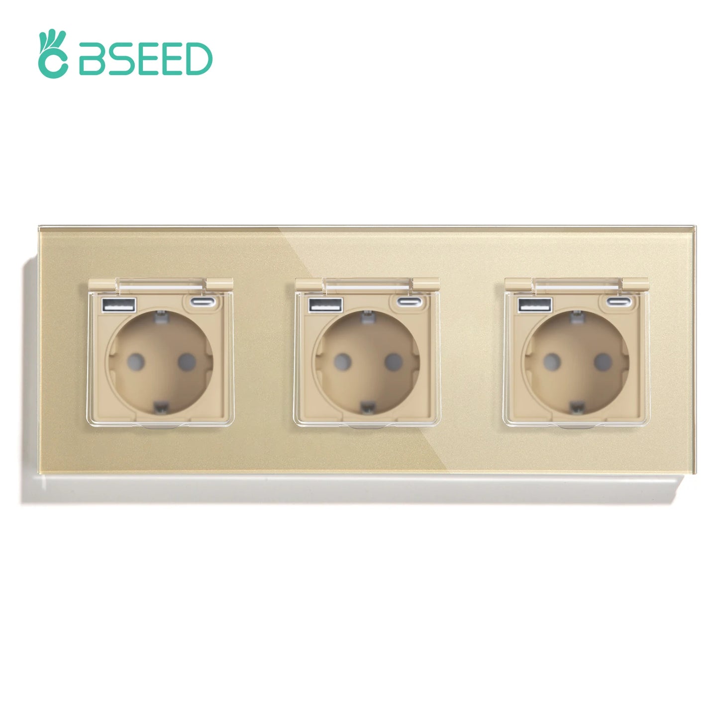 BSEED Single EU Wall Socket USB Type-c Ports Double Waterproof Cover Bathroom Power Sockets Triple Glass Electric Outlets 16A