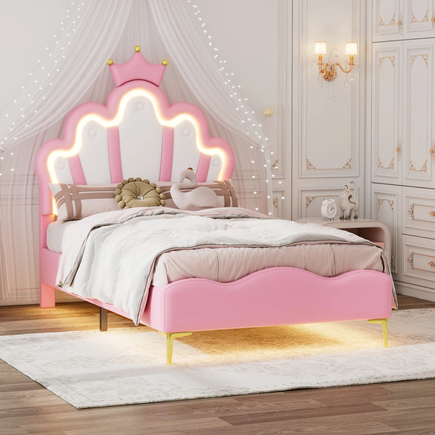 Comanlai Children's Bed  90x200cm with LED Light and Crown-shaped Headboard,Upholstered Bed with Slatted Frame,PU Leather,Pink