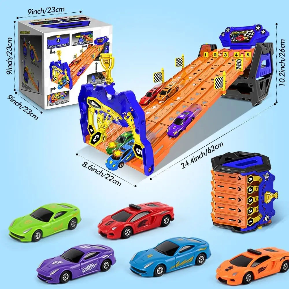 VATOS Upgraded 5 Tracks Truck Toy Cars for Boys Portable Race Track Truck Toy 5 Race Cars Carrier Vehicles Set for Kids Girls