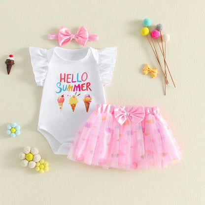 3Pcs Infant Girl Outfit Crew Neck Flying Sleeve Summer Themed Ice Cream Print Romper Tulle Skirt Headband Set