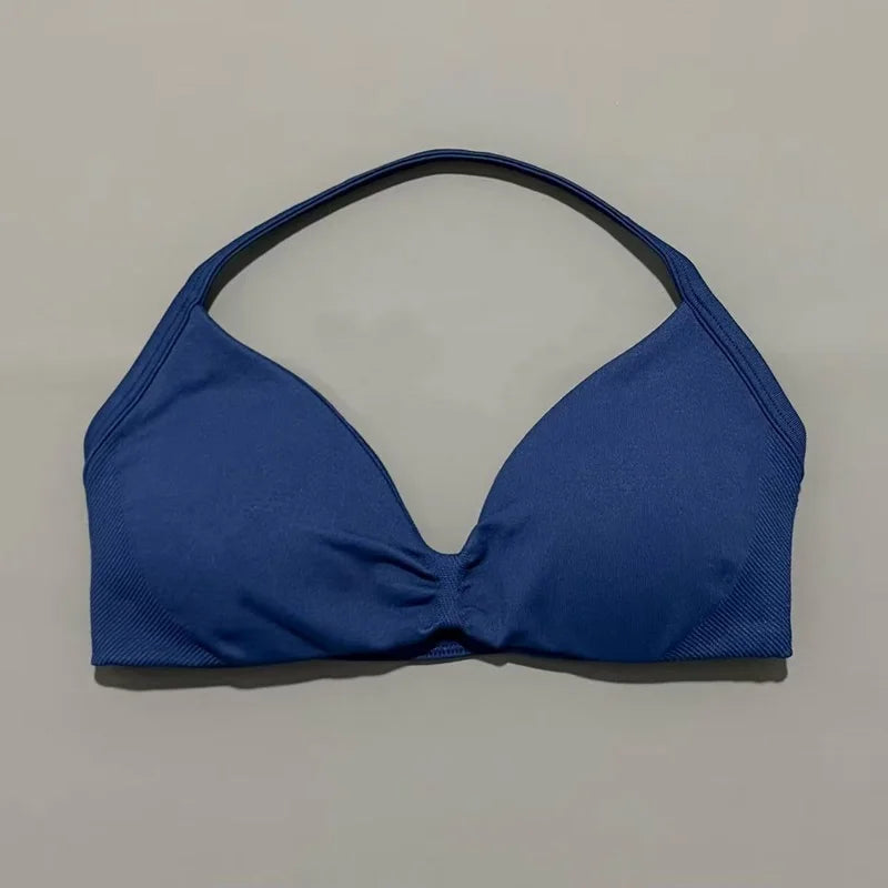 HISTELLO Strappy Bra Gym Top Women High Support Thin Strap Halter Sports Seamless Bras Scrunch Push-up Workout Yoga Tank Tops