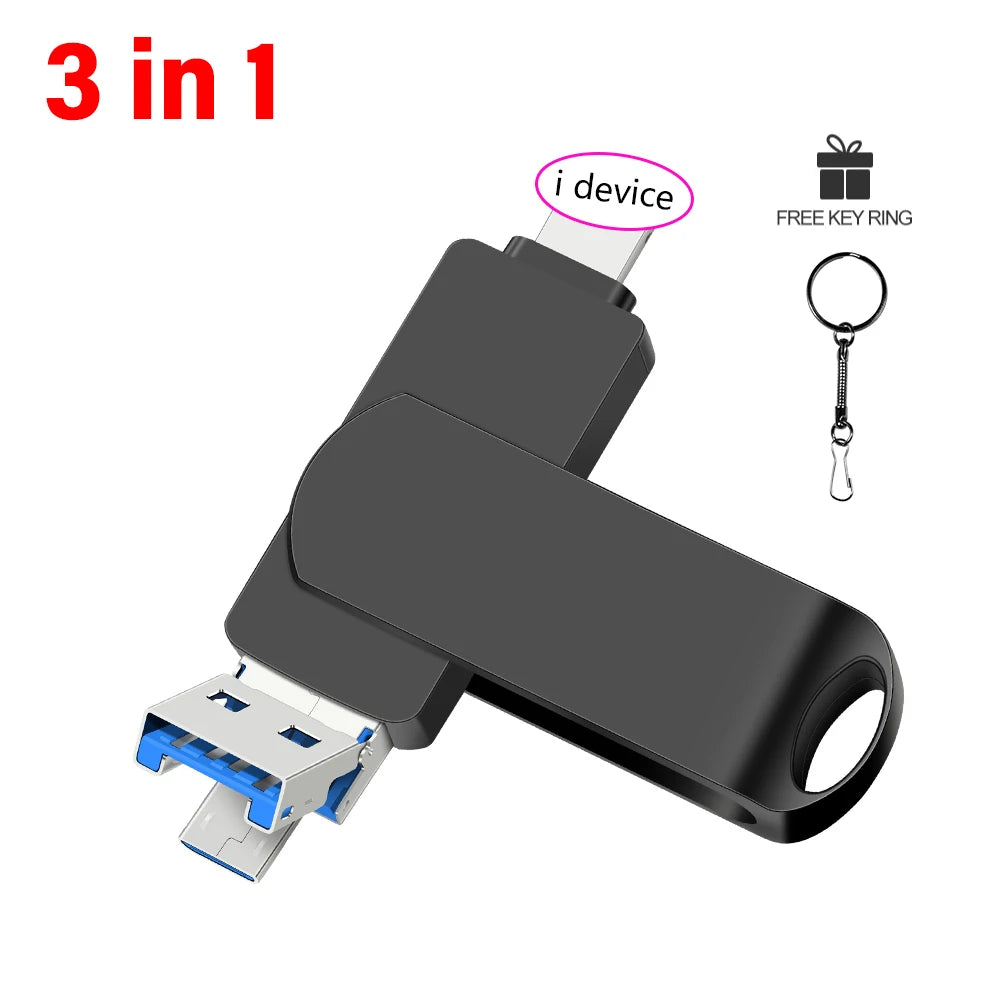 Rotate USB 3.0 Flash Drive 8GB 16GB with 3-in-1 Type-C to Lightning Interface 32GB Pendrive for iPad 11/12/13/14
