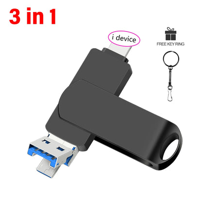 Rotate USB 3.0 Flash Drive 8GB 16GB with 3-in-1 Type-C to Lightning Interface 32GB Pendrive for iPad 11/12/13/14