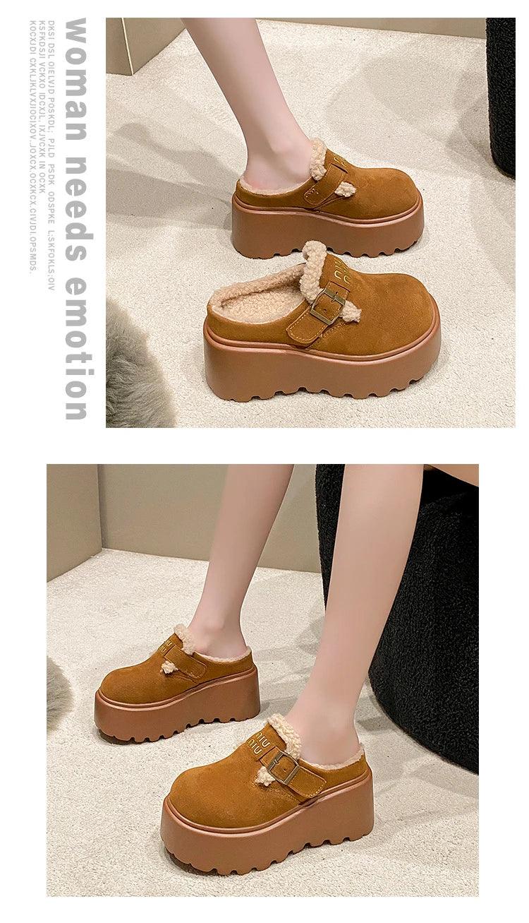 Platform High Heels Slippers Women Suede Mules Shoes Fur Warm Wedges Flip Flops 2025 Winter New Snow Boots Fashion Zapatos Mujer