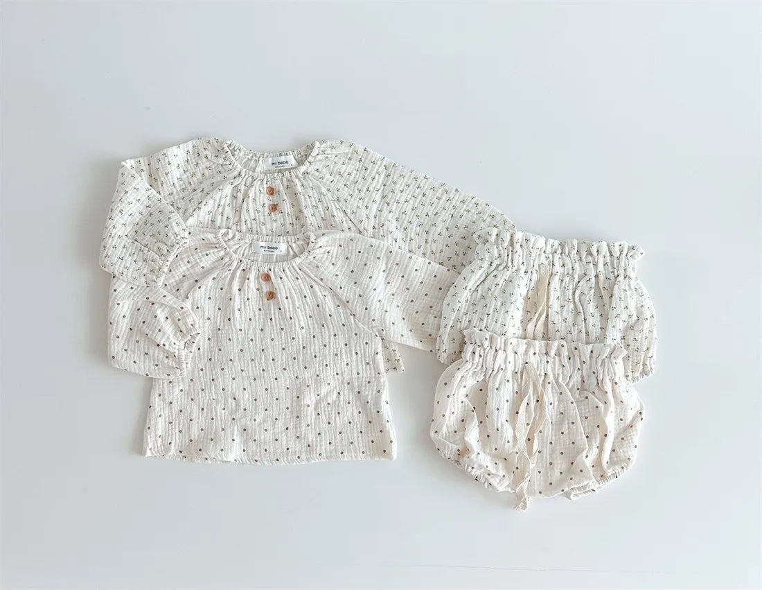 2024 Spring Newborn Floral Print Cotton Long Sleeve Tops+Shorts 2pcs Boy Girl Baby Loose Dots T-shirt Set Thin Infant Tees Suit
