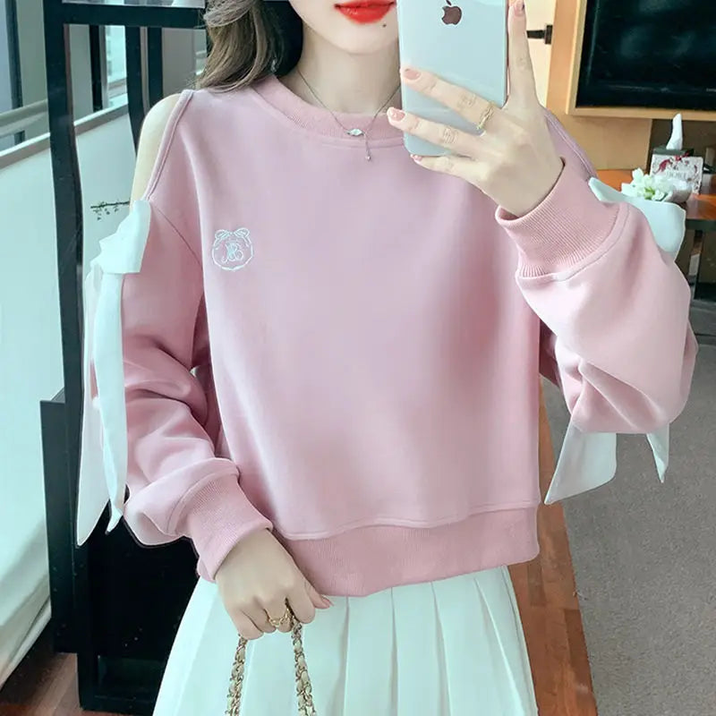 Off The Shoulder Sweatshirt For Women Harajuku Fashion Youthful Clothes Sport Essential New In Basic Blue Woman Pullover Tops