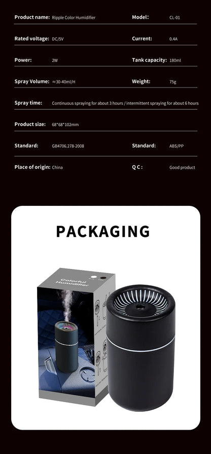 Portable color LED night light humidifier,silent mini model,180 ml aroma diffuser,suitable for use in cars, offices and bedrooms