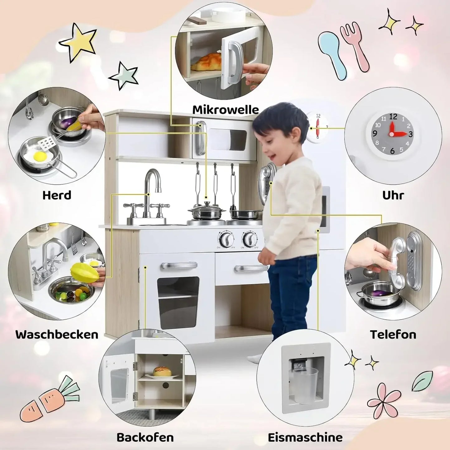 Wooden Play Kitchen Set Pretend Play Kitchen with Lights and Sounds for Kids Ages 3+, Includes Stove Oven Microwave Coffee Maker