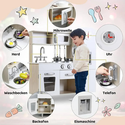 Wooden Play Kitchen Set Pretend Play Kitchen with Lights and Sounds for Kids Ages 3+, Includes Stove Oven Microwave Coffee Maker