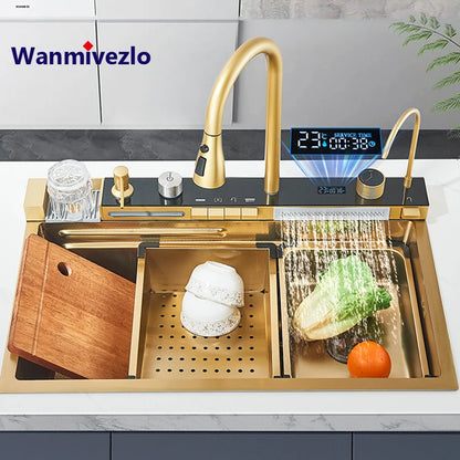 Golden Double Waterfall Sink Stainless Steel Kitchen Sink Embossed Large Single Slot Wash Basin Washing Pond For Kitchen