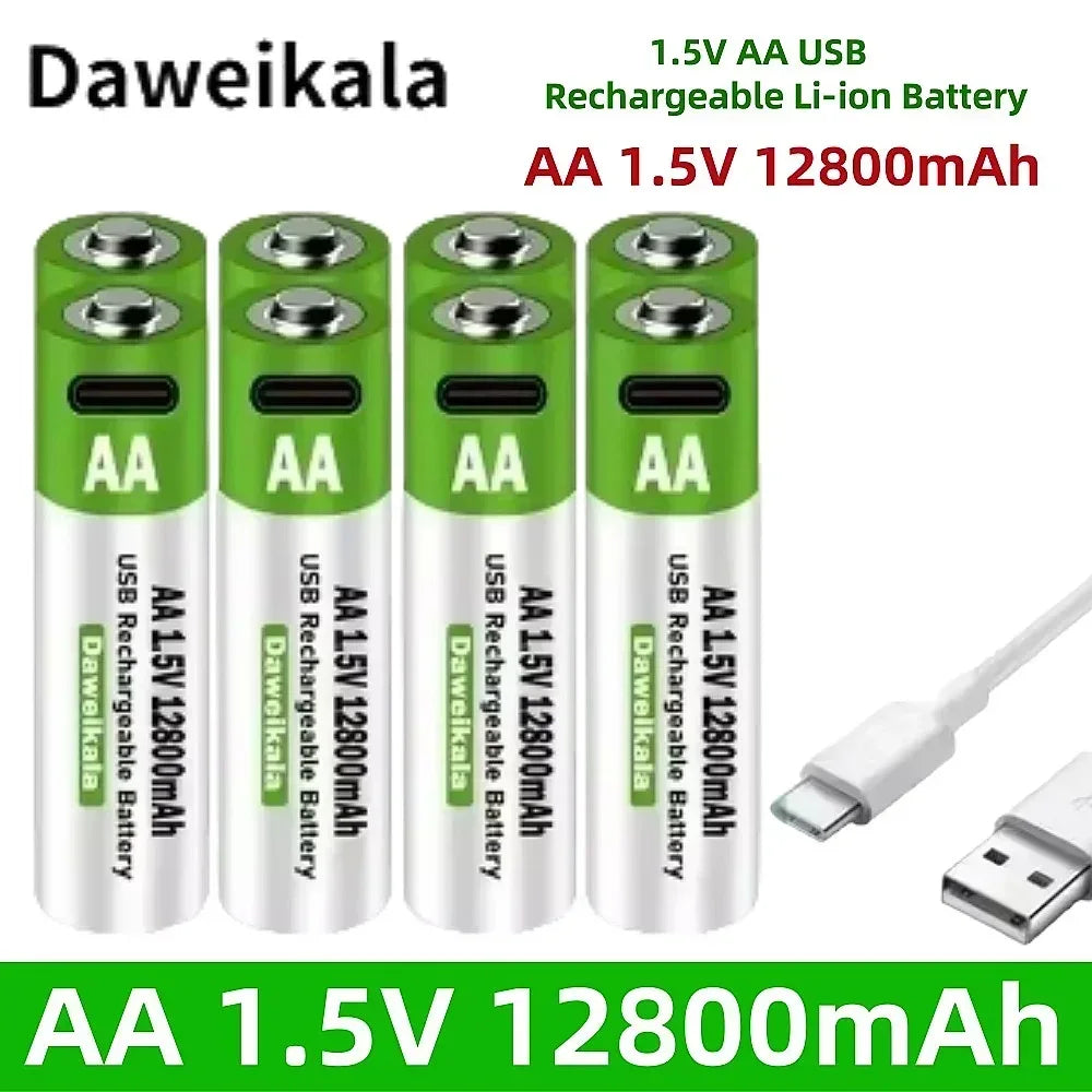 2025 New AA 1.5V USB Rechargeable Li-ion Battery 12800mAh Battery W/Type-C Cable for Toy Remote Control Mouse Electric Battery