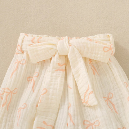 Summer unisex baby pink short-sleeved letter-print romper, shorts, bow hair accessory and belt – 4-piece set