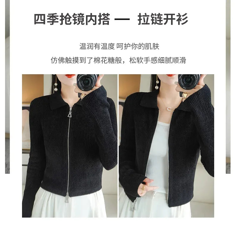 Women Autumn Winter Soft Wool Sweater Polo Collar Thicken Knitted Double Zipper Cardigan Basis Short Top Cashmere Female Coat