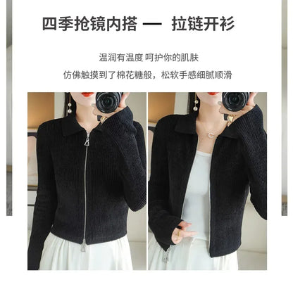 Women Autumn Winter Soft Wool Sweater Polo Collar Thicken Knitted Double Zipper Cardigan Basis Short Top Cashmere Female Coat