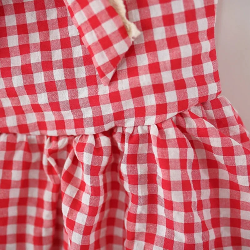 Girls Dresses Summer Cotton Red Checkered Bow Sleeveless Baby Girl Dress Cartoon Casual Beach Baby Clothing
